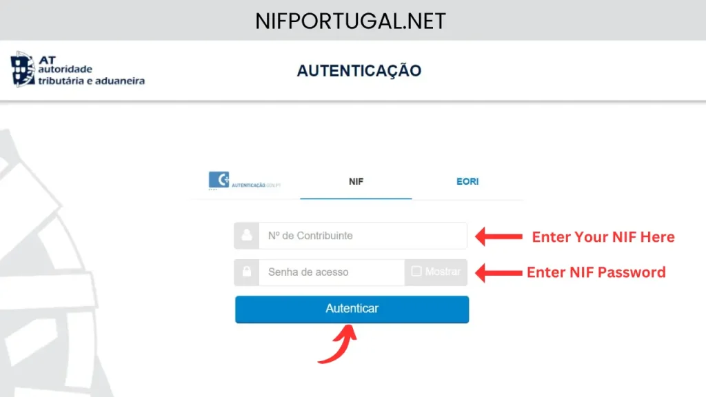 Cliquez sur le bouton Authentifier (NIFPORTUGAL.NET)